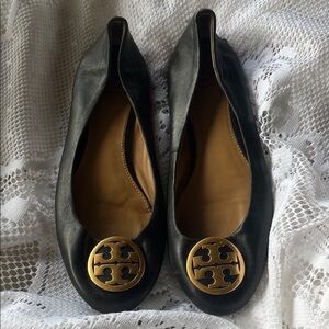 Tory Burch Black Flats with Gold Emblem